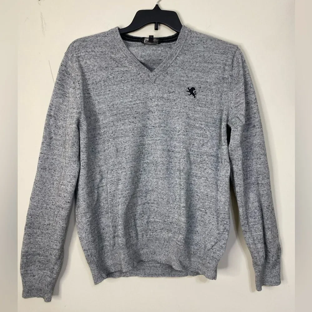 Express V-Neck Sweater Pullover Embroidered Logo Gray Cotton men’s  Size L